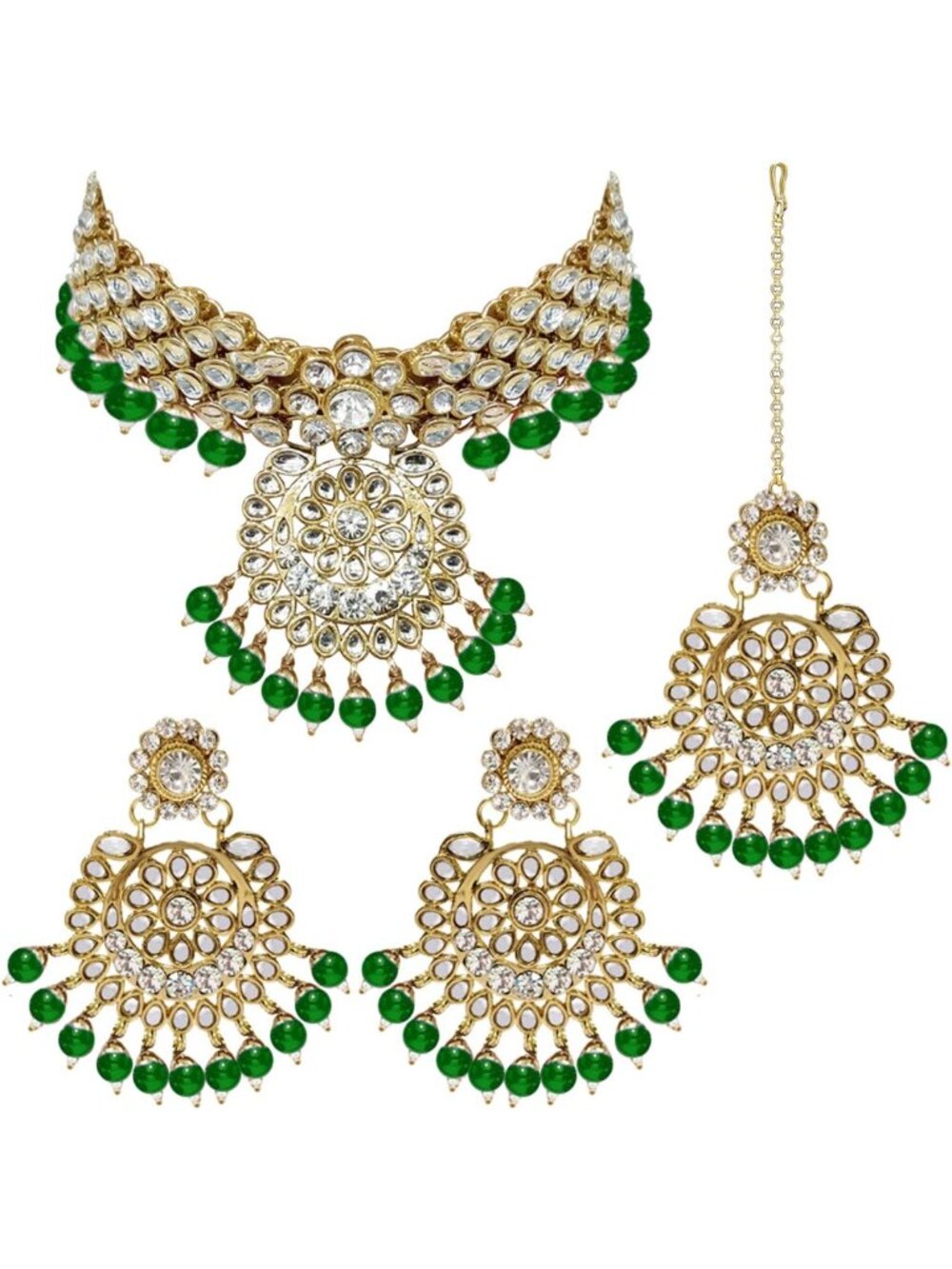 Elegant Indian Wedding Jewelry Set - Faux Kundan Necklace, Earrings & Maang